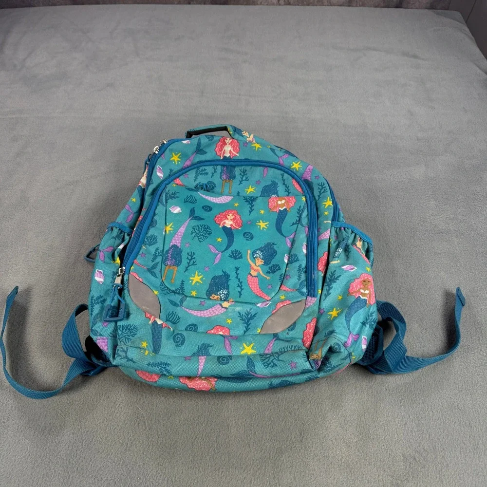 Kids Mermaid Print Backpack Teal Blue School Bag with Reflective Safety Patches